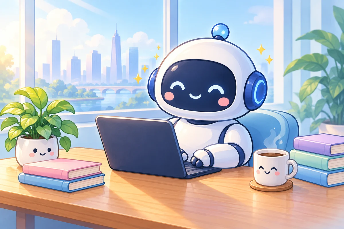 Robot FinSight vui vẻ phân tích tài chính bên laptop, sách và ly cà phê
